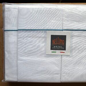 Bellino Italy Luxury Blue Piping KING Size White Sheet Set 100% Cotton Percale